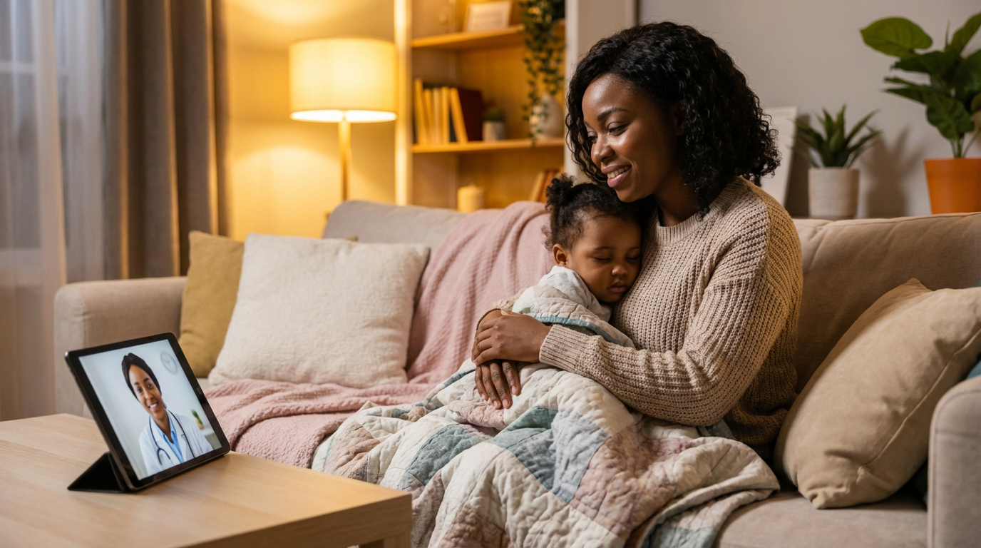 Mother comforting child during telehealth visit
